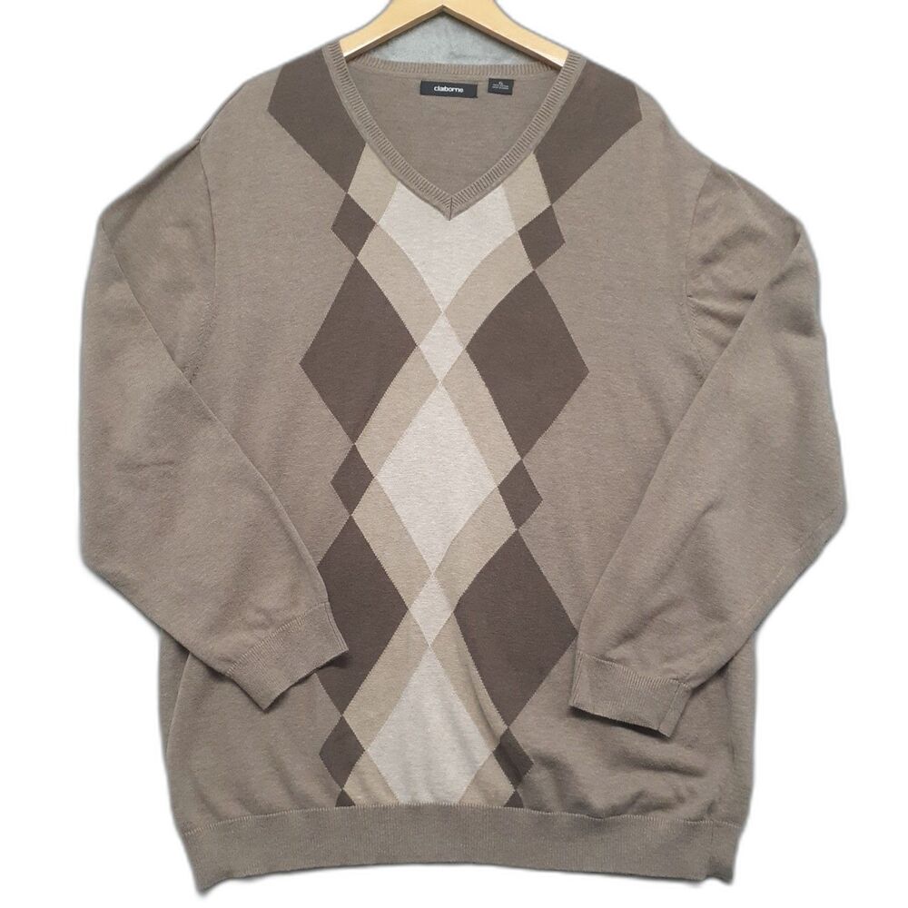 Claiborne Mens Argyle Long Sleeve Sweater Size XL Brown Beige V-Neck Academia